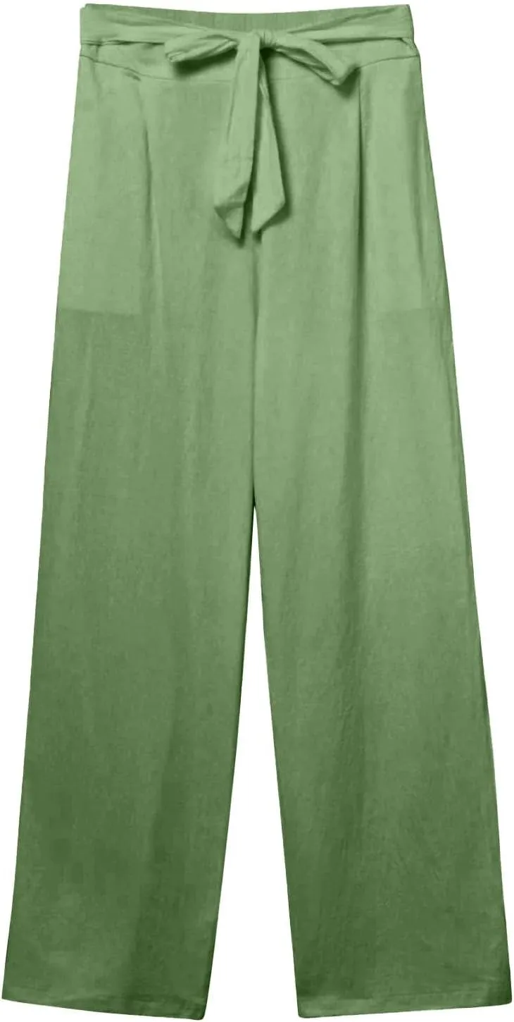 Wide Leg Linen Pants for Women Baggy High Waisted Drawstring Paperbag Pants Plus Size Palazzo Trousers with Pockets