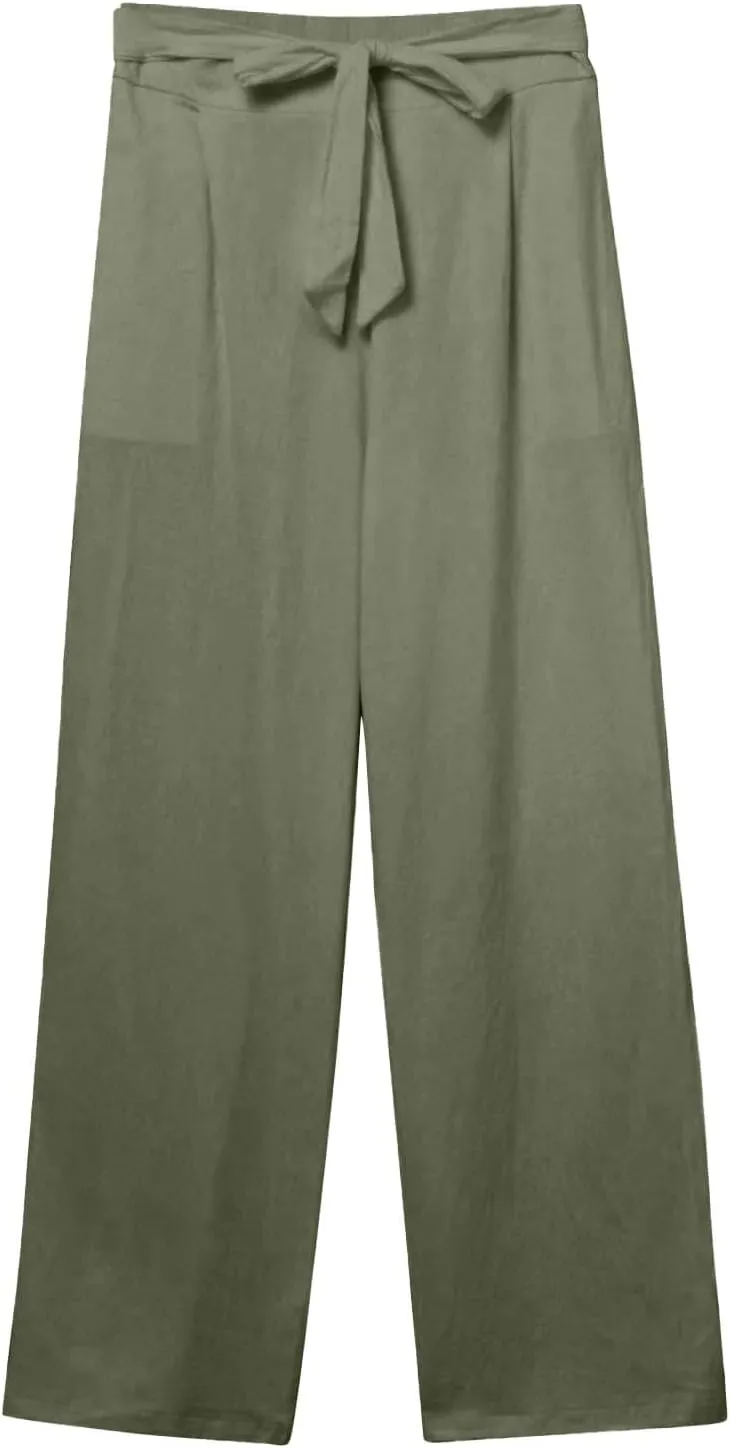Wide Leg Linen Pants for Women Baggy High Waisted Drawstring Paperbag Pants Plus Size Palazzo Trousers with Pockets