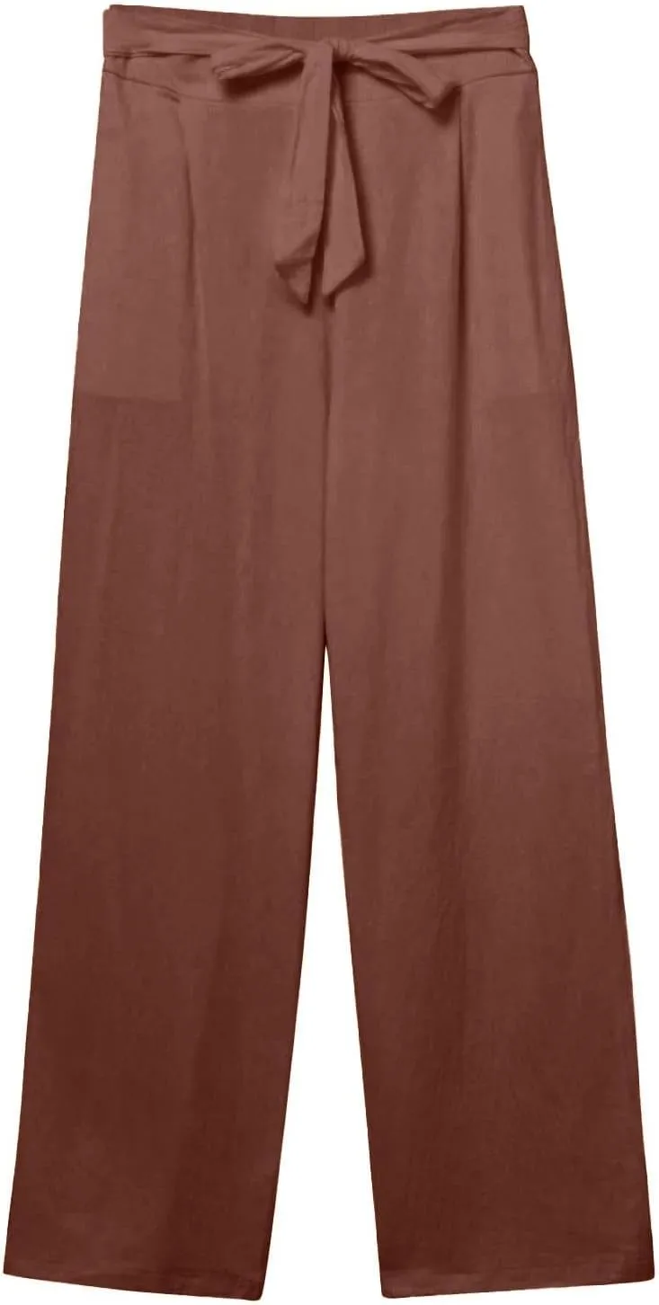 Wide Leg Linen Pants for Women Baggy High Waisted Drawstring Paperbag Pants Plus Size Palazzo Trousers with Pockets
