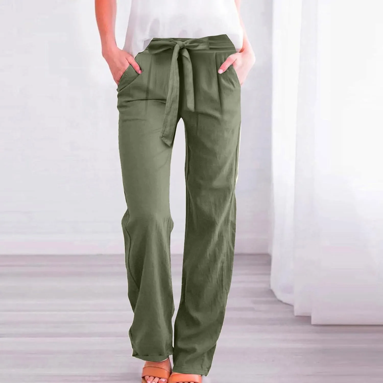 Wide Leg Linen Pants for Women Baggy High Waisted Drawstring Paperbag Pants Plus Size Palazzo Trousers with Pockets