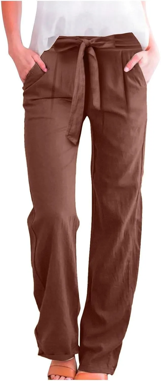 Wide Leg Linen Pants for Women Baggy High Waisted Drawstring Paperbag Pants Plus Size Palazzo Trousers with Pockets