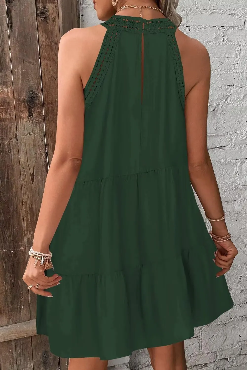Wkior Womens Summer Dresses 2025 Casual Halter Sleeveless Flowy Mini Dress Tiered Pleated Beach Sundress
