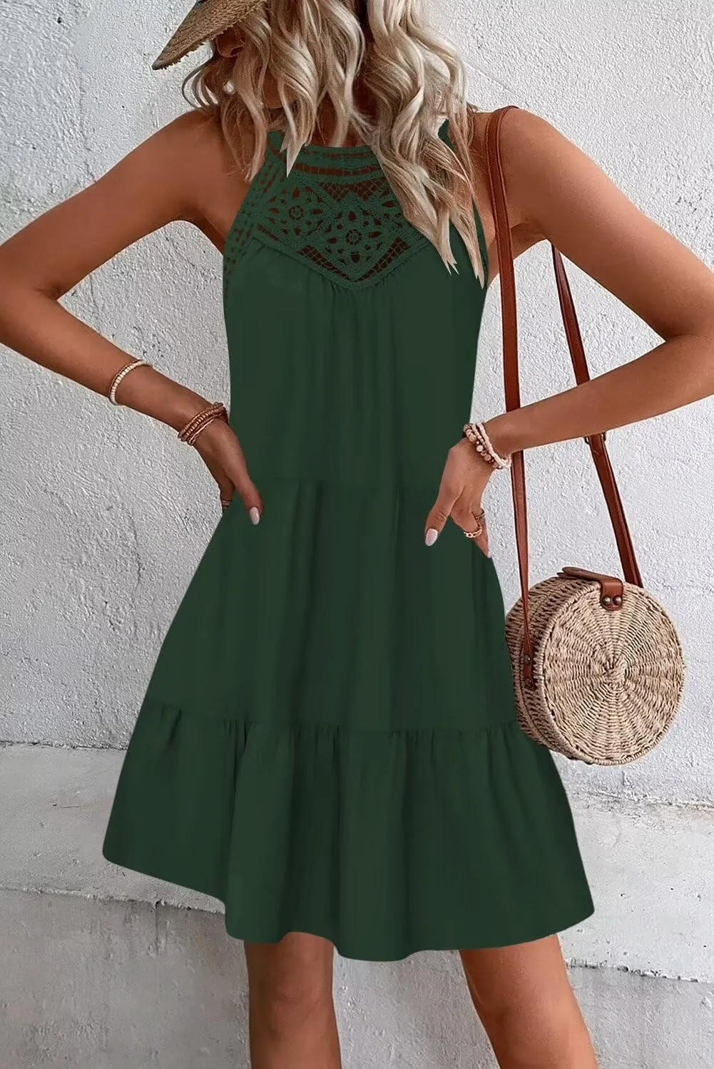 Wkior Womens Summer Dresses 2025 Casual Halter Sleeveless Flowy Mini Dress Tiered Pleated Beach Sundress