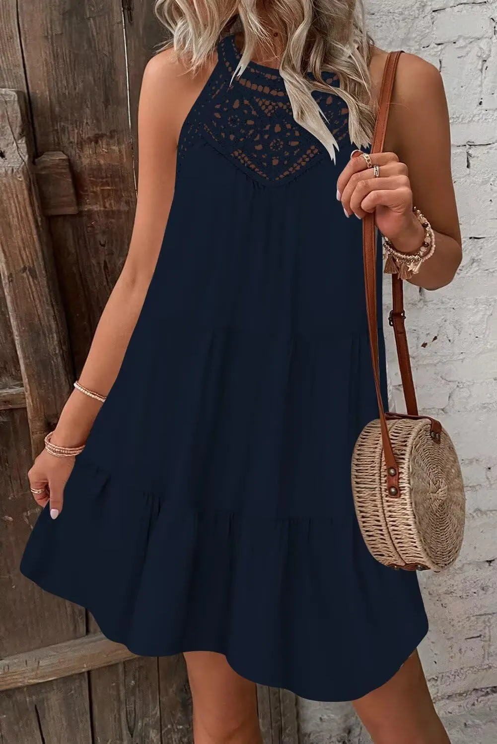Wkior Womens Summer Dresses 2025 Casual Halter Sleeveless Flowy Mini Dress Tiered Pleated Beach Sundress