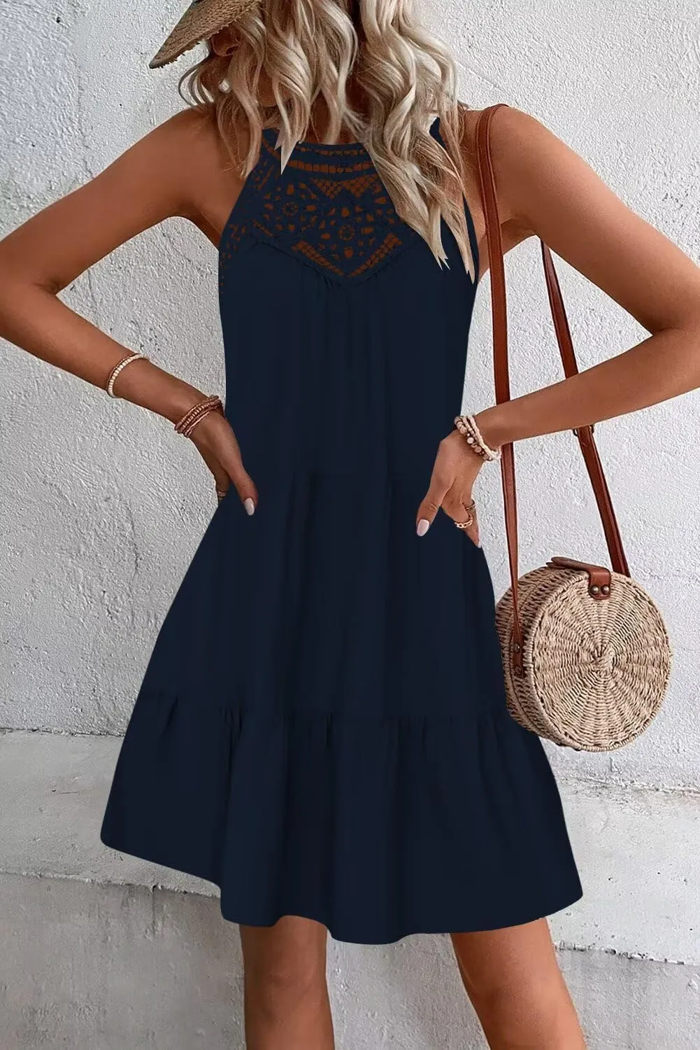 Wkior Womens Summer Dresses 2025 Casual Halter Sleeveless Flowy Mini Dress Tiered Pleated Beach Sundress