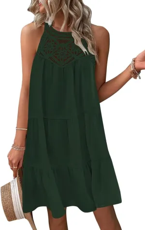 Wkior Womens Summer Dresses 2025 Casual Halter Sleeveless Flowy Mini Dress Tiered Pleated Beach Sundress