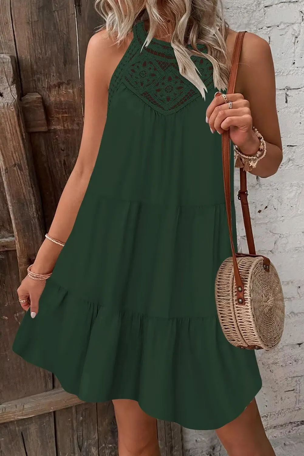Wkior Womens Summer Dresses 2025 Casual Halter Sleeveless Flowy Mini Dress Tiered Pleated Beach Sundress