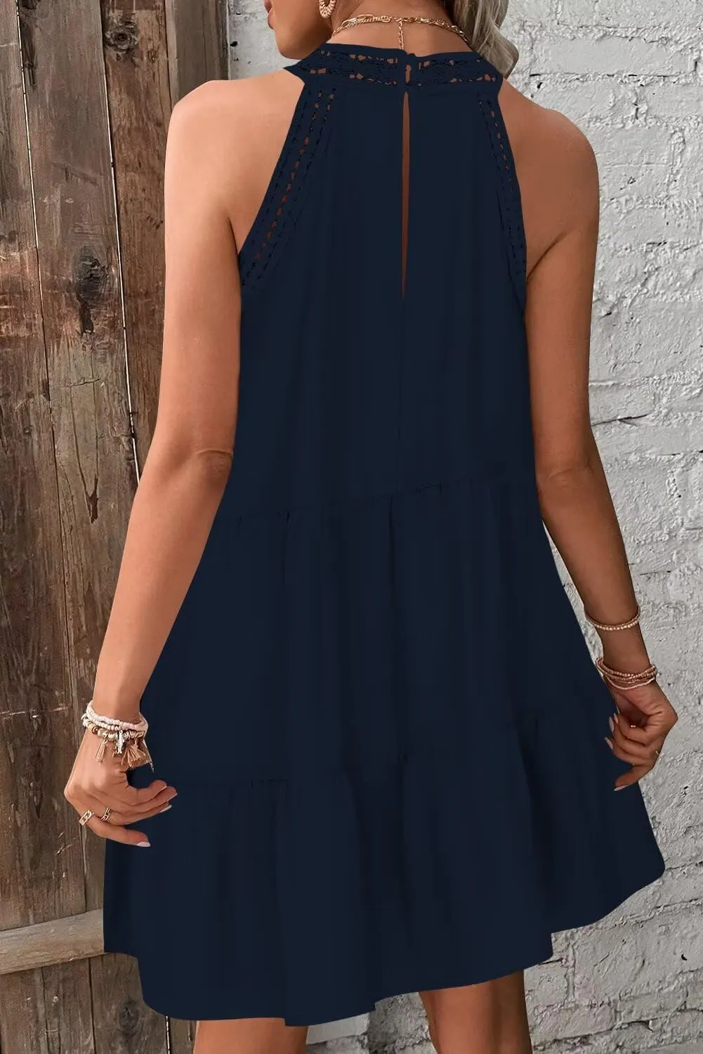 Wkior Womens Summer Dresses 2025 Casual Halter Sleeveless Flowy Mini Dress Tiered Pleated Beach Sundress