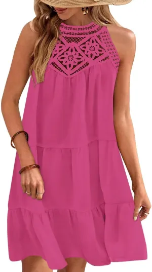 Wkior Womens Summer Dresses 2025 Casual Halter Sleeveless Flowy Mini Dress Tiered Pleated Beach Sundress
