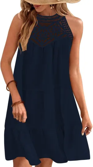 Wkior Womens Summer Dresses 2025 Casual Halter Sleeveless Flowy Mini Dress Tiered Pleated Beach Sundress