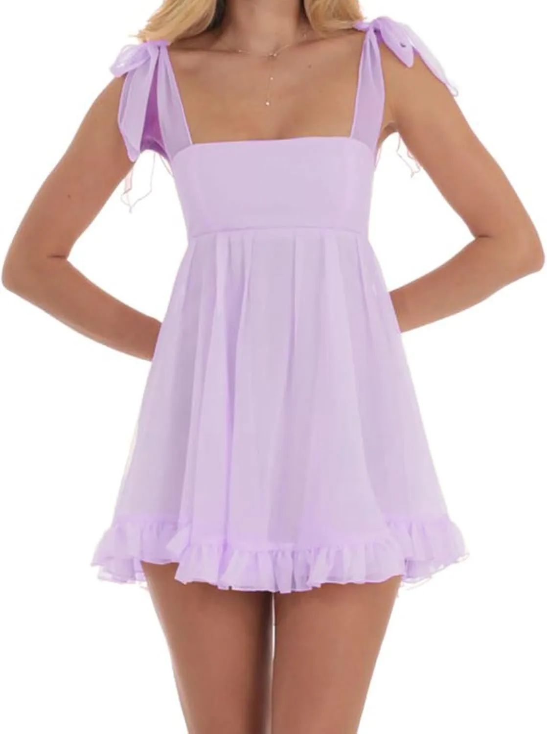 Women Boho Floral Gingham Babydoll Dress Spaghetti Strap Beachy Sundress Sleeveless Ruffle Tie Shoulder Mini Dresses