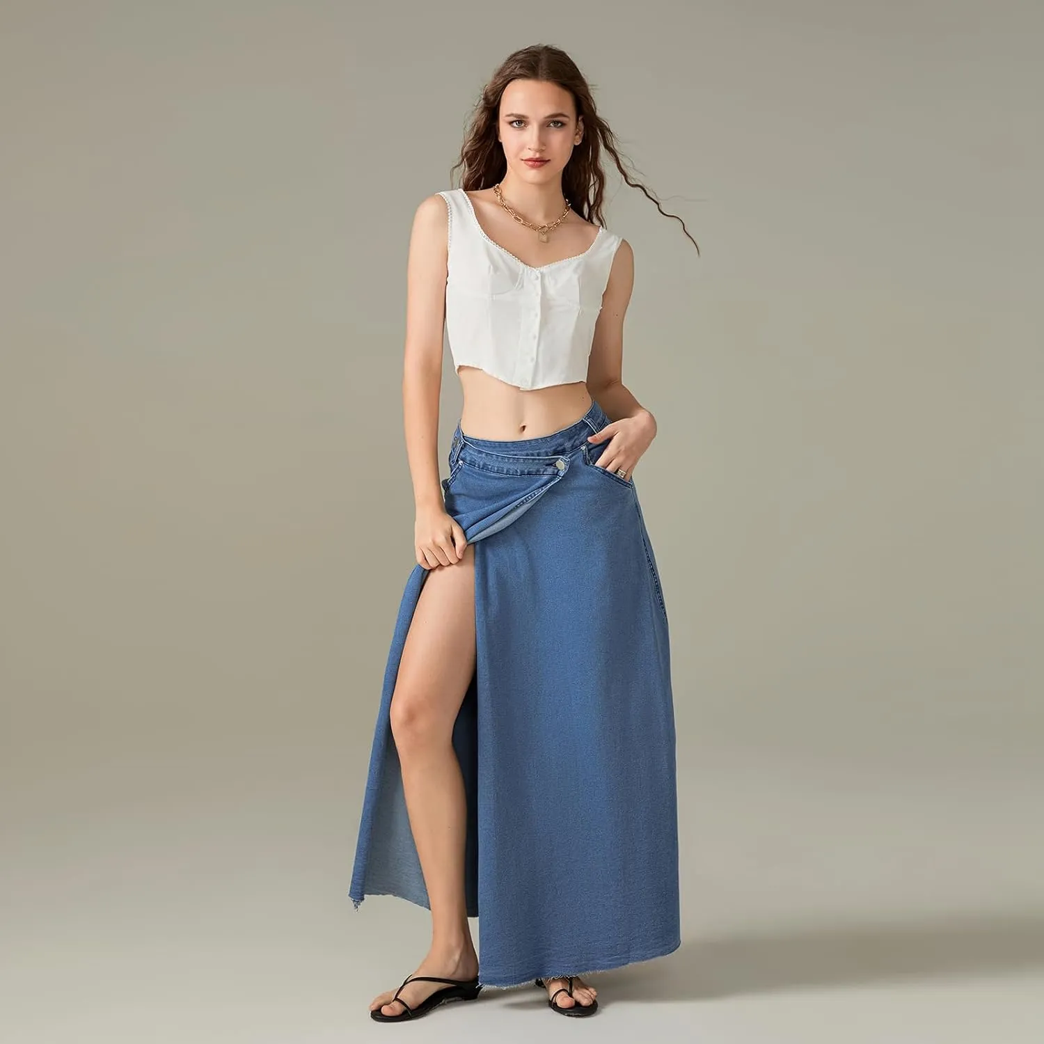 Women Casual High Waisted Denim Maxi Skirts Vintage Frayed Hem Split A-Line Long Jean Skirts with Pockets