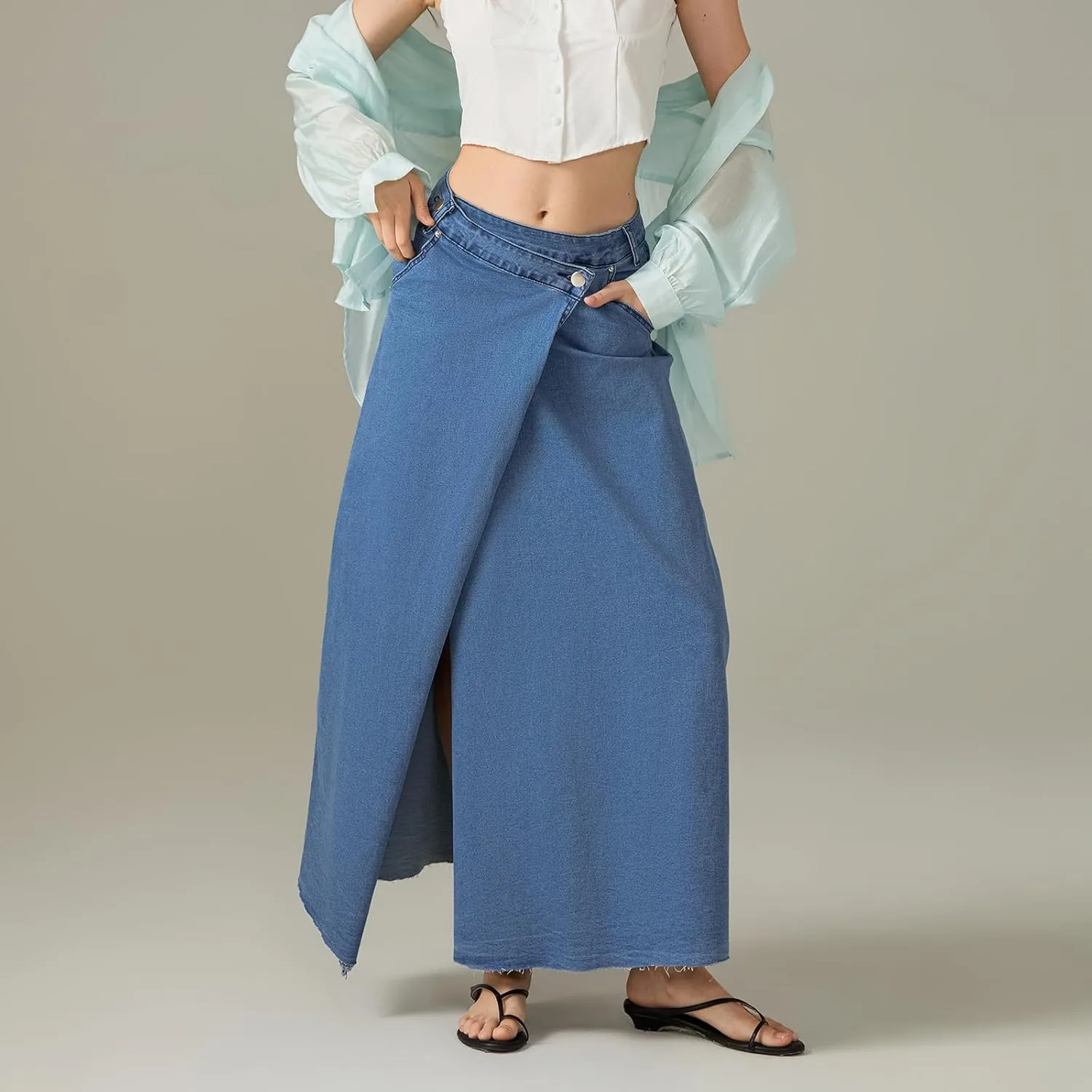 Women Casual High Waisted Denim Maxi Skirts Vintage Frayed Hem Split A-Line Long Jean Skirts with Pockets