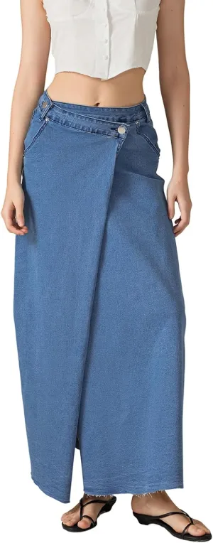 Women Casual High Waisted Denim Maxi Skirts Vintage Frayed Hem Split A-Line Long Jean Skirts with Pockets