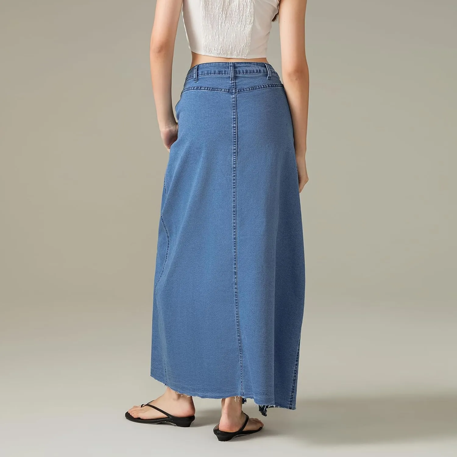 Women Casual High Waisted Denim Maxi Skirts Vintage Frayed Hem Split A-Line Long Jean Skirts with Pockets