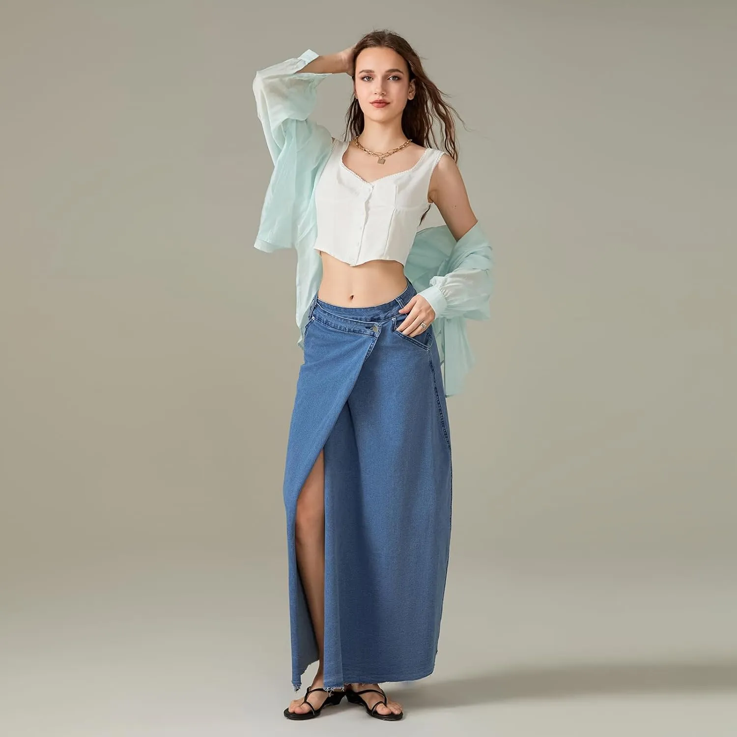 Women Casual High Waisted Denim Maxi Skirts Vintage Frayed Hem Split A-Line Long Jean Skirts with Pockets