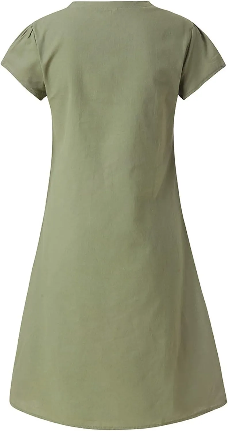 Women Cotton Linen T Shirt Dress V Neck Short Sleeve Summer Causal Tunic Beach Dresses 2025 Trendy Vacation Outfits