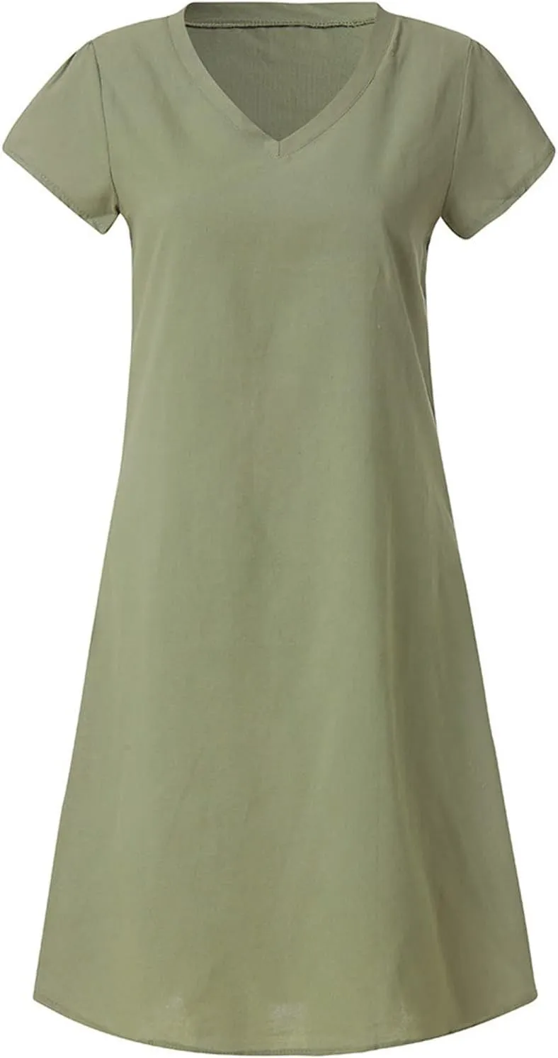 Women Cotton Linen T Shirt Dress V Neck Short Sleeve Summer Causal Tunic Beach Dresses 2025 Trendy Vacation Outfits