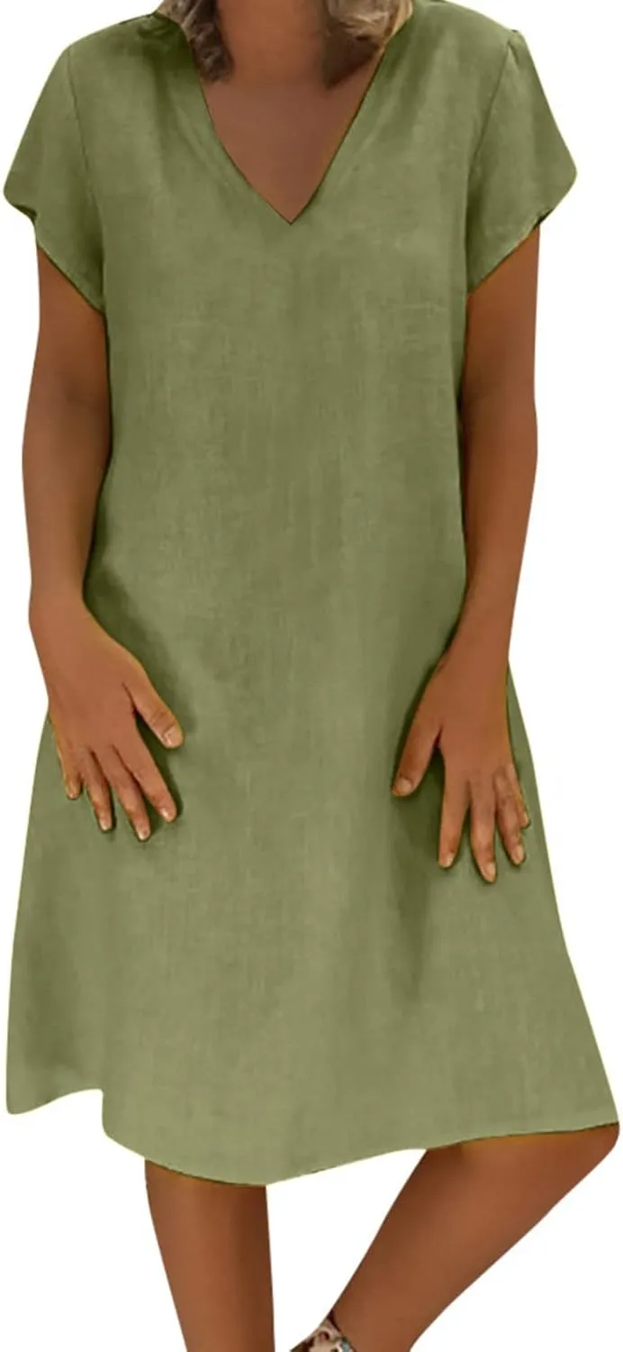 Women Cotton Linen T Shirt Dress V Neck Short Sleeve Summer Causal Tunic Beach Dresses 2025 Trendy Vacation Outfits