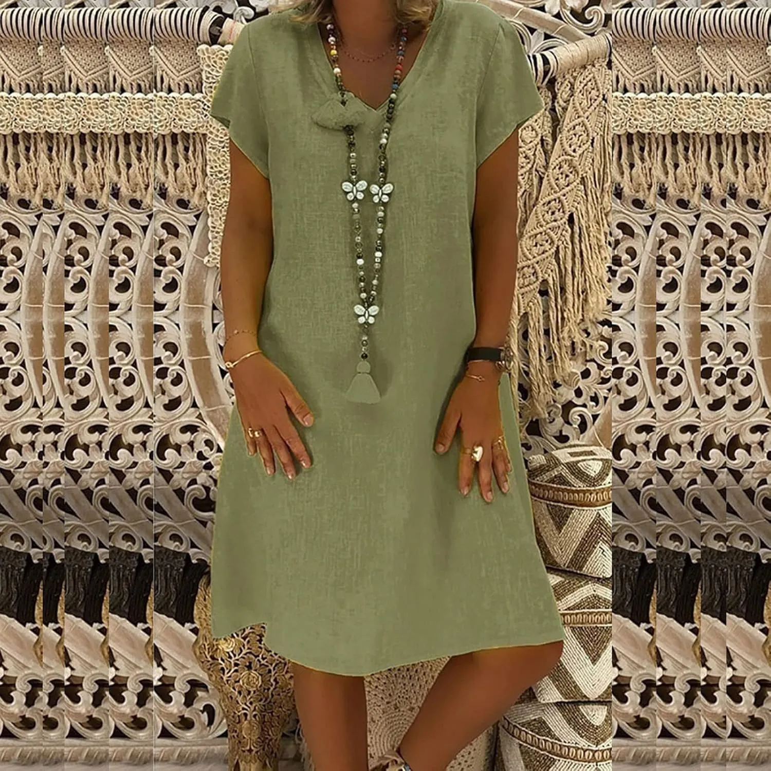 Women Cotton Linen T Shirt Dress V Neck Short Sleeve Summer Causal Tunic Beach Dresses 2025 Trendy Vacation Outfits