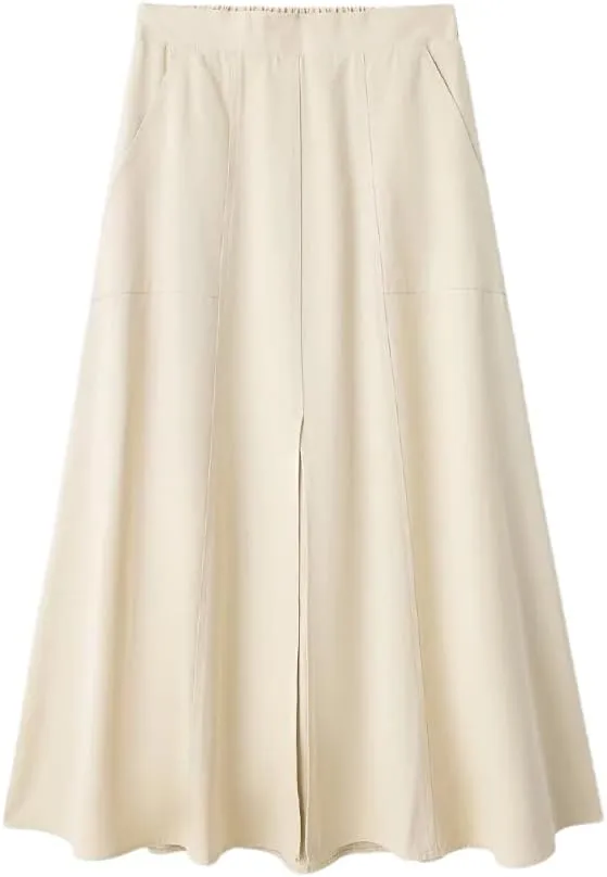 Women Fashion Pleated Front Slit Midi Skirt, Vintage Mid Waist A-Line for Chic Ladies
