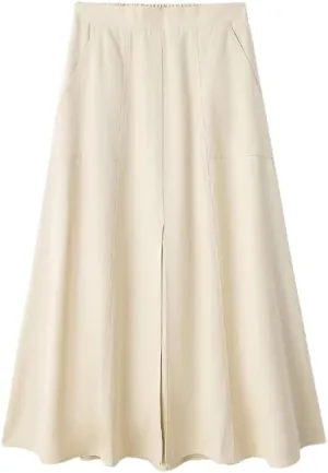Women Fashion Pleated Front Slit Midi Skirt, Vintage Mid Waist A-Line for Chic Ladies
