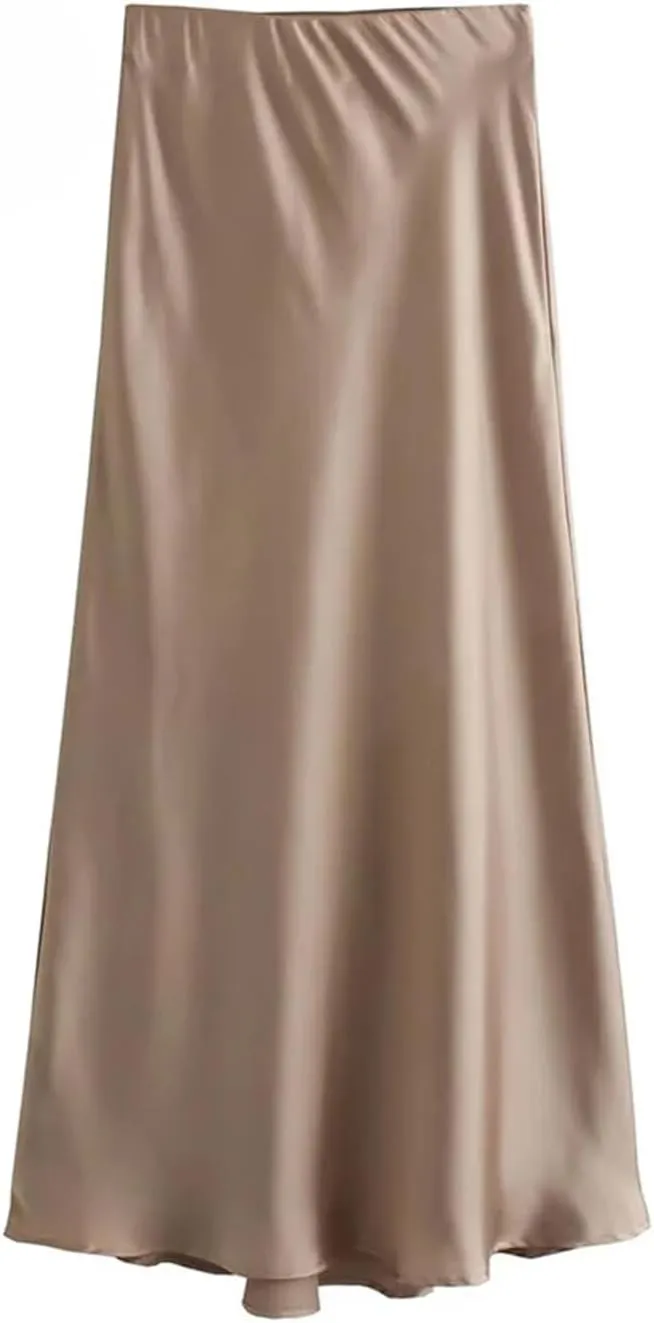 Women Fashion Satin Pleated Midi Skirt, Vintage Mid Elastic Waist for Chic Ladies
