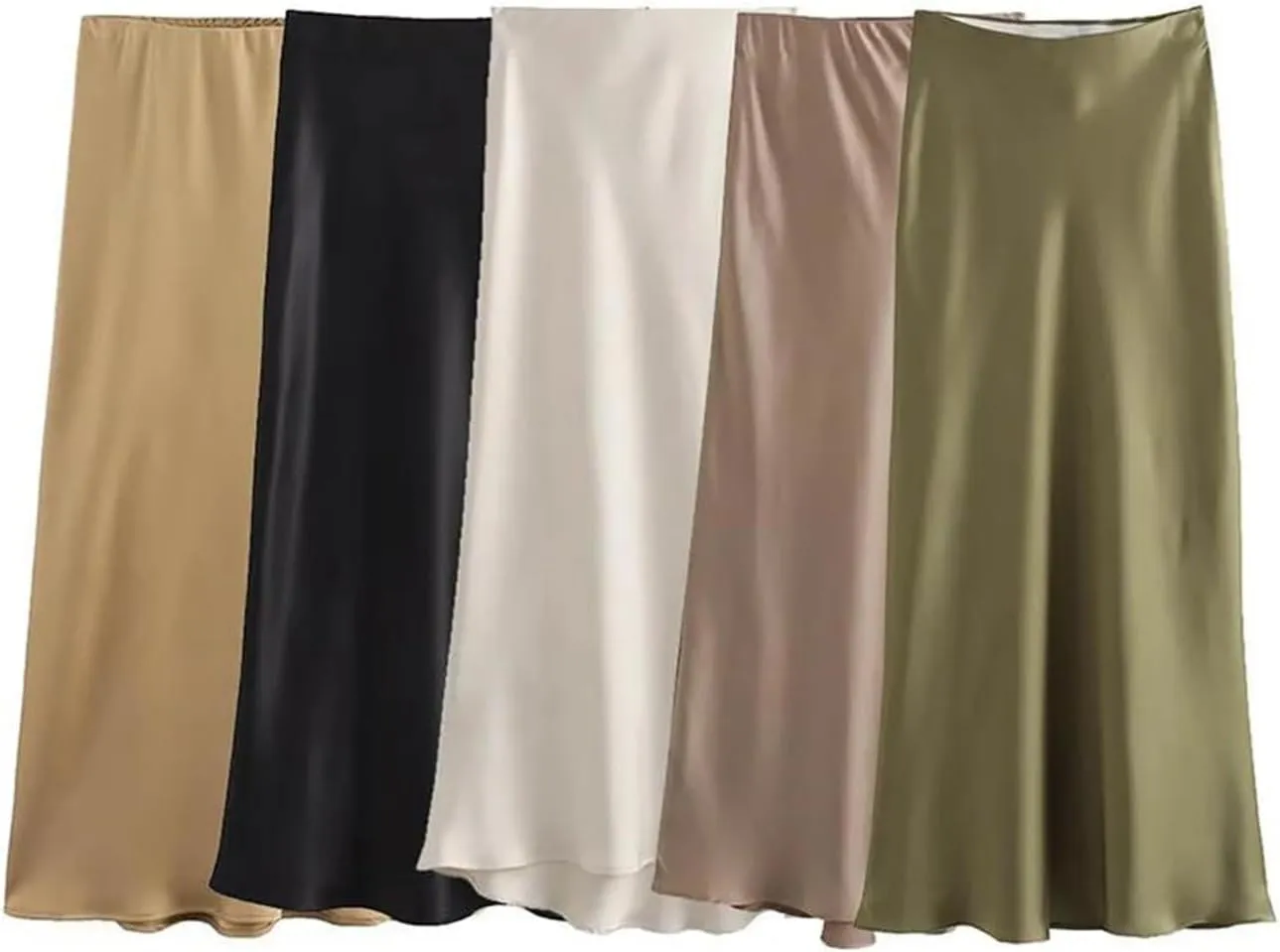 Women Fashion Satin Pleated Midi Skirt, Vintage Mid Elastic Waist for Chic Ladies
