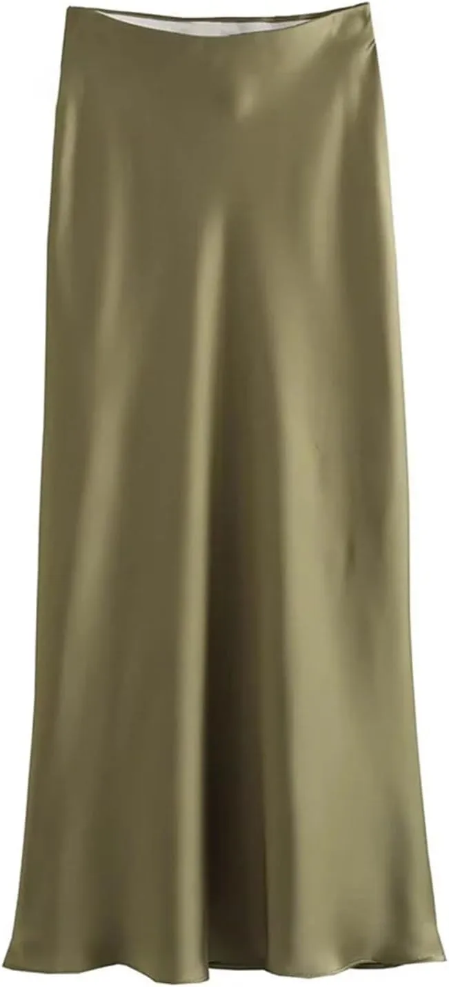 Women Fashion Satin Pleated Midi Skirt, Vintage Mid Elastic Waist for Chic Ladies