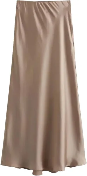 Women Fashion Satin Pleated Midi Skirt, Vintage Mid Elastic Waist for Chic Ladies