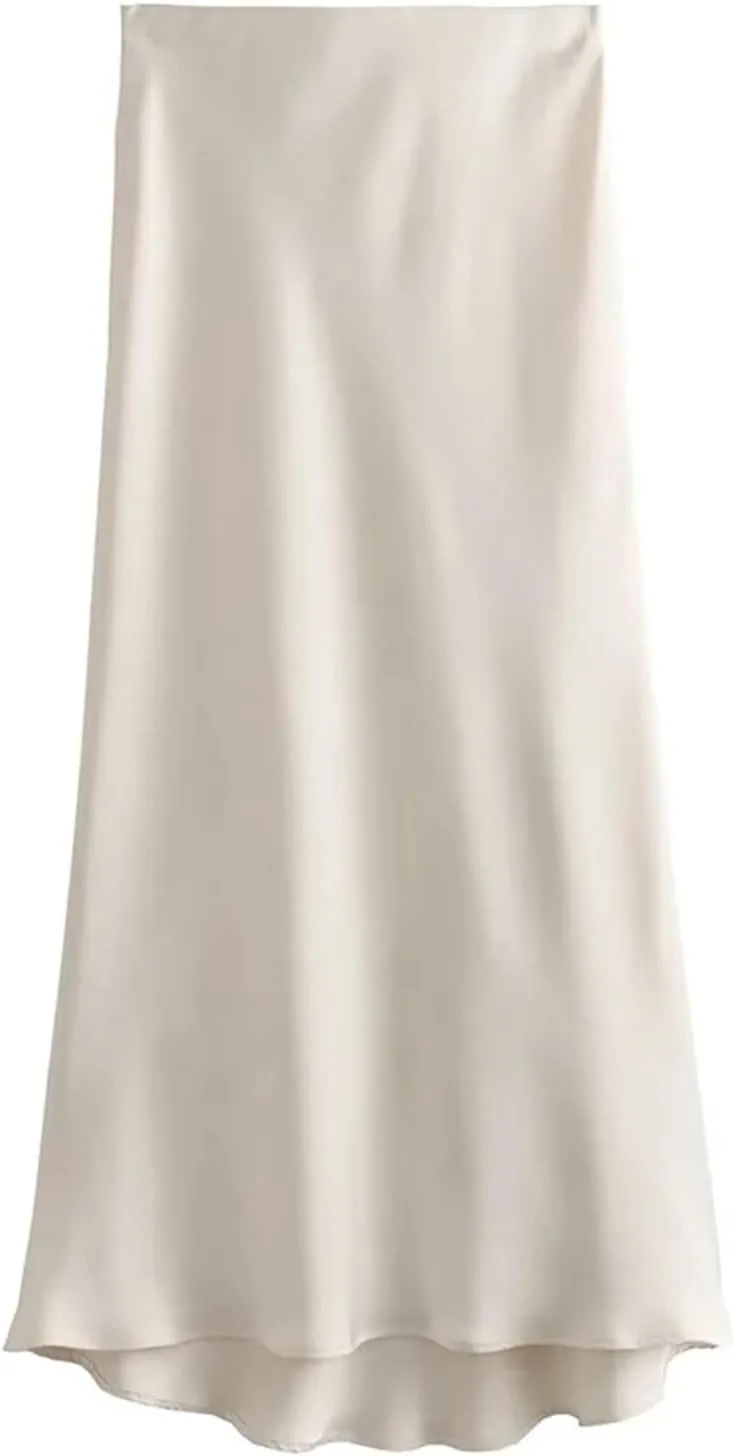 Women Fashion Satin Pleated Midi Skirt, Vintage Mid Elastic Waist for Chic Ladies