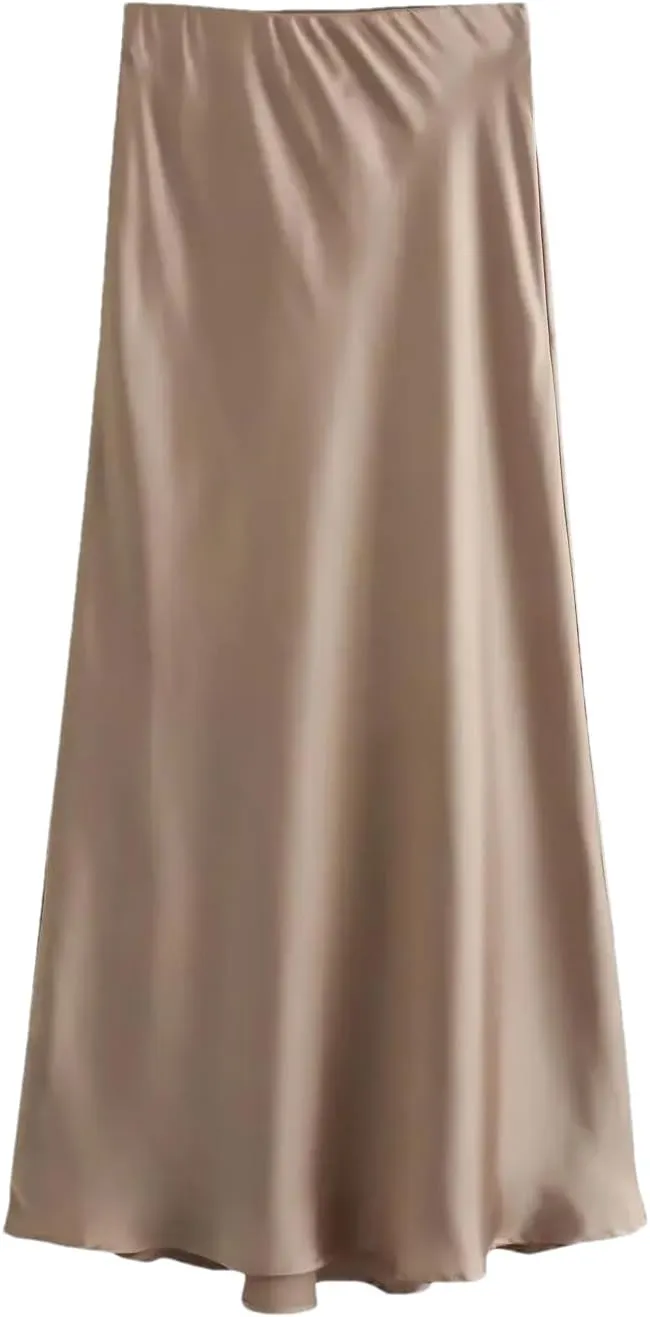 Women Fashion Satin Pleated Midi Skirt, Vintage Mid Elastic Waist for Chic Ladies
