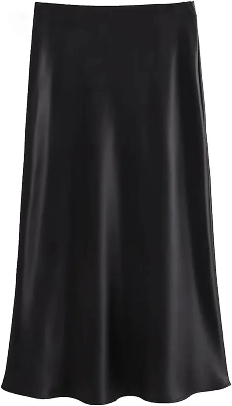 Women Fashion Satin Pleated Midi Skirt, Vintage Mid Elastic Waist for Chic Ladies
