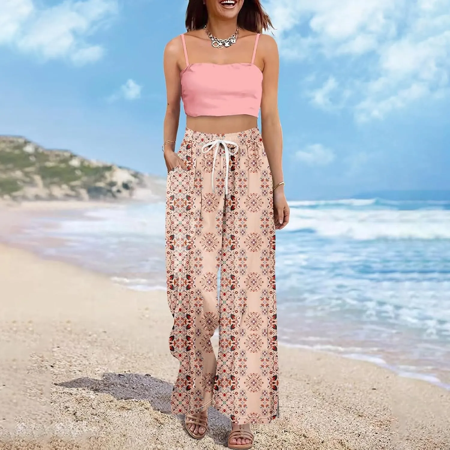 Women High Waisted Drawsting Boho Palazzo Pants Fish Art Printed Wide Leg Long Japanese Pant Trousers with Pockets
