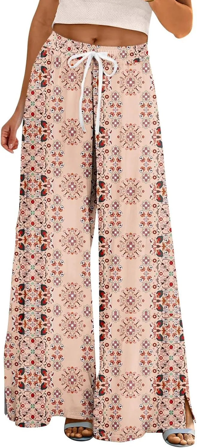 Women High Waisted Drawsting Boho Palazzo Pants Fish Art Printed Wide Leg Long Japanese Pant Trousers with Pockets