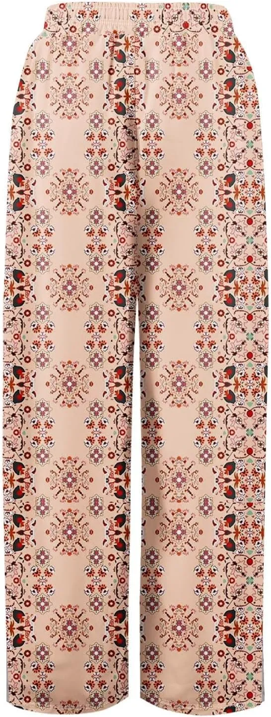 Women High Waisted Drawsting Boho Palazzo Pants Fish Art Printed Wide Leg Long Japanese Pant Trousers with Pockets