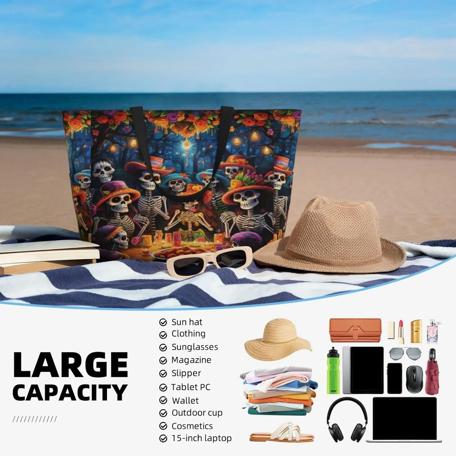 Women Large Beach Bag Travel Weekender Foldable Tote Bag for Pool Beach Vacation Gym