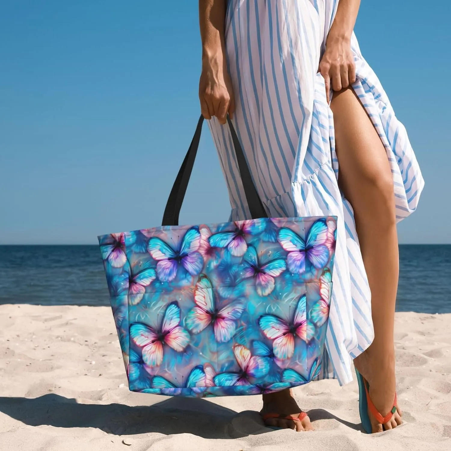 Women Large Beach Bag Travel Weekender Foldable Tote Bag for Pool Beach Vacation Gym