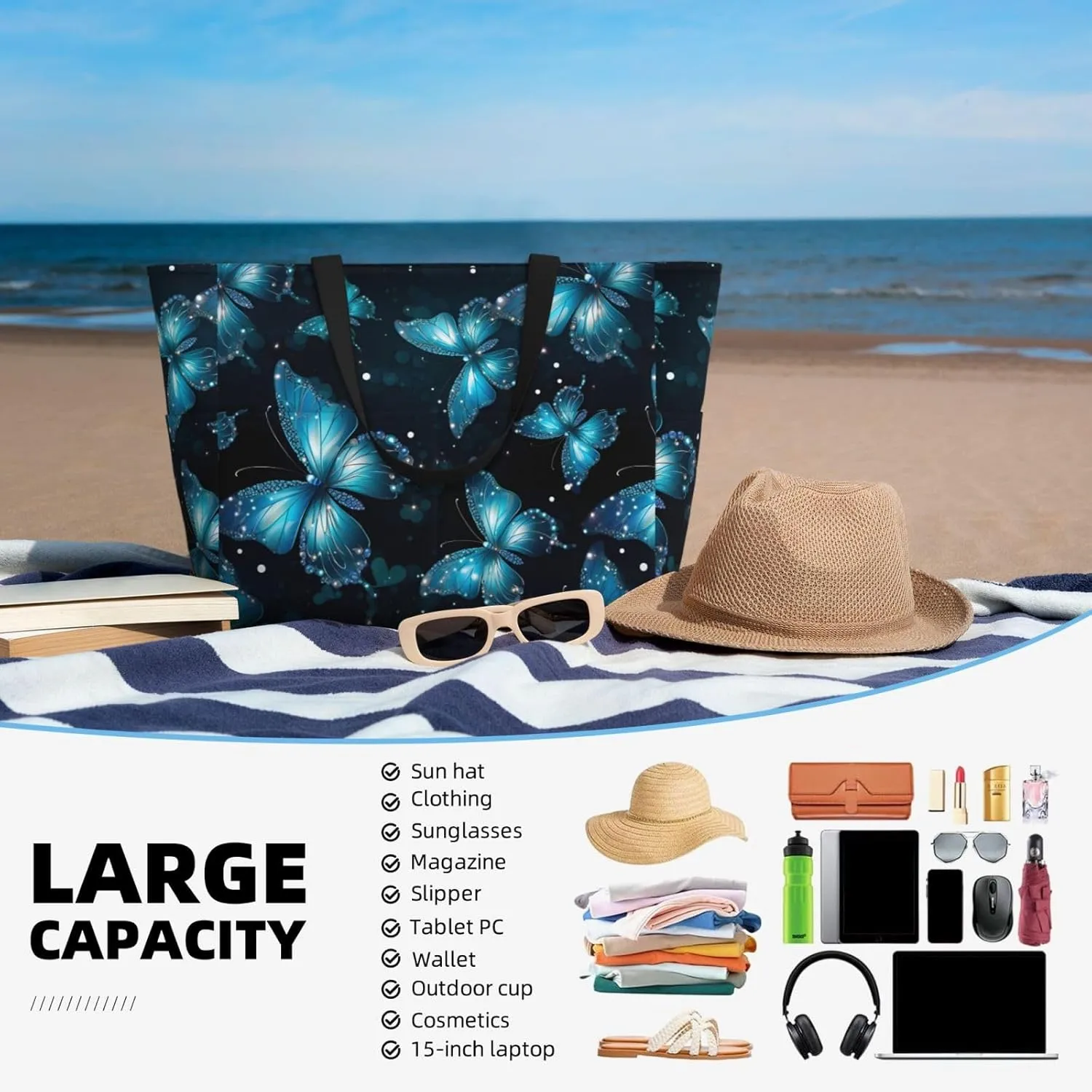 Women Large Beach Bag Travel Weekender Foldable Tote Bag for Pool Beach Vacation Gym