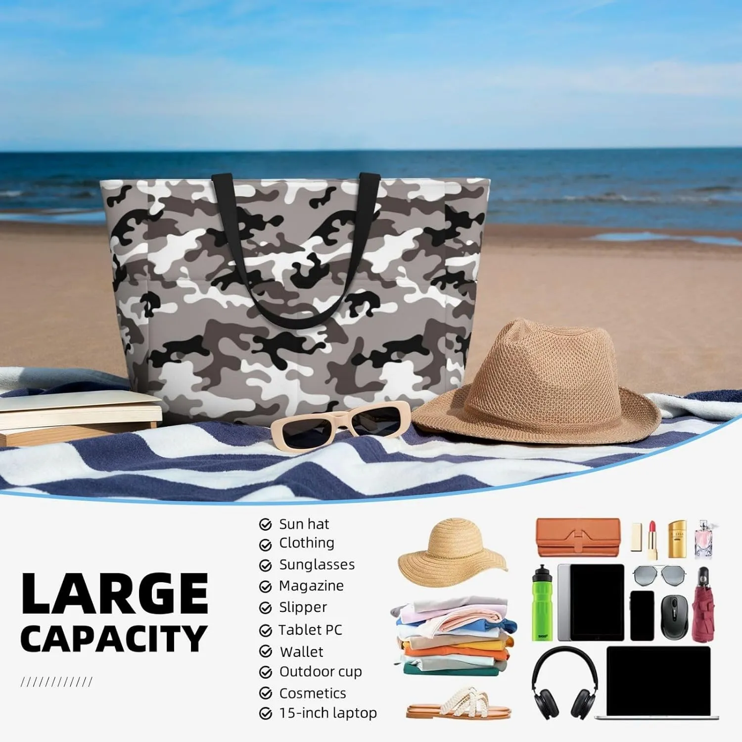 Women Large Beach Bag Travel Weekender Foldable Tote Bag for Pool Beach Vacation Gym