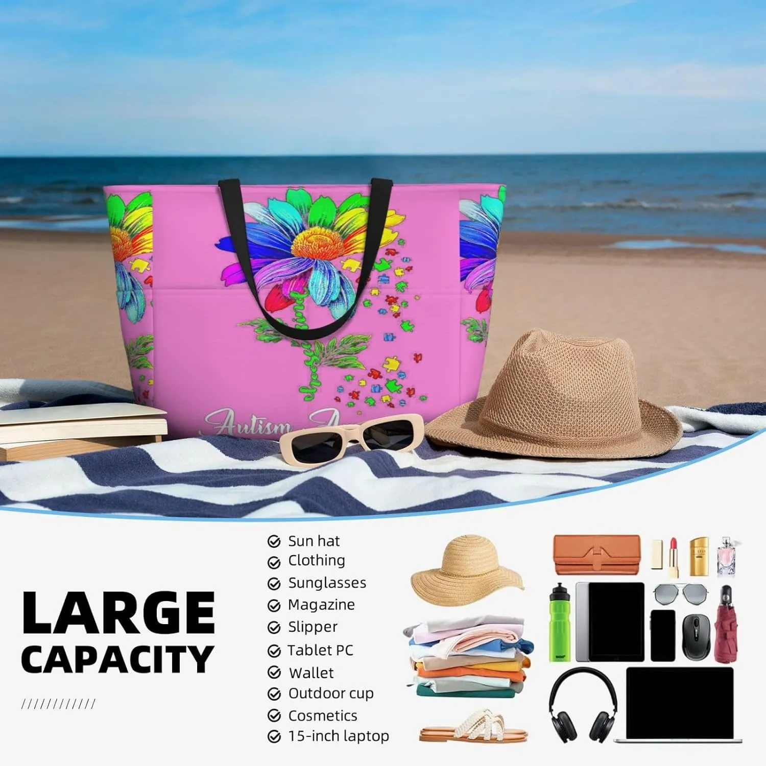 Women Large Beach Bag Travel Weekender Foldable Tote Bag for Pool Beach Vacation Gym
