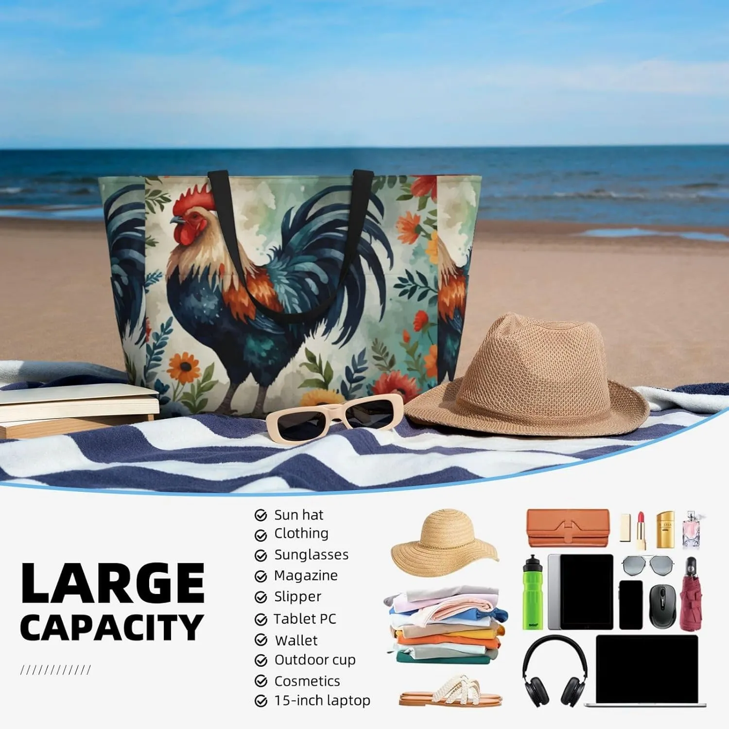 Women Large Beach Bag Travel Weekender Foldable Tote Bag for Pool Beach Vacation Gym