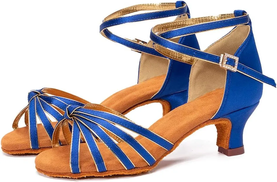 Women Latin Dance Shoes Satin Ballroom Salsa Professional Practice Dancing Shoes, Model EM-217GB-5
