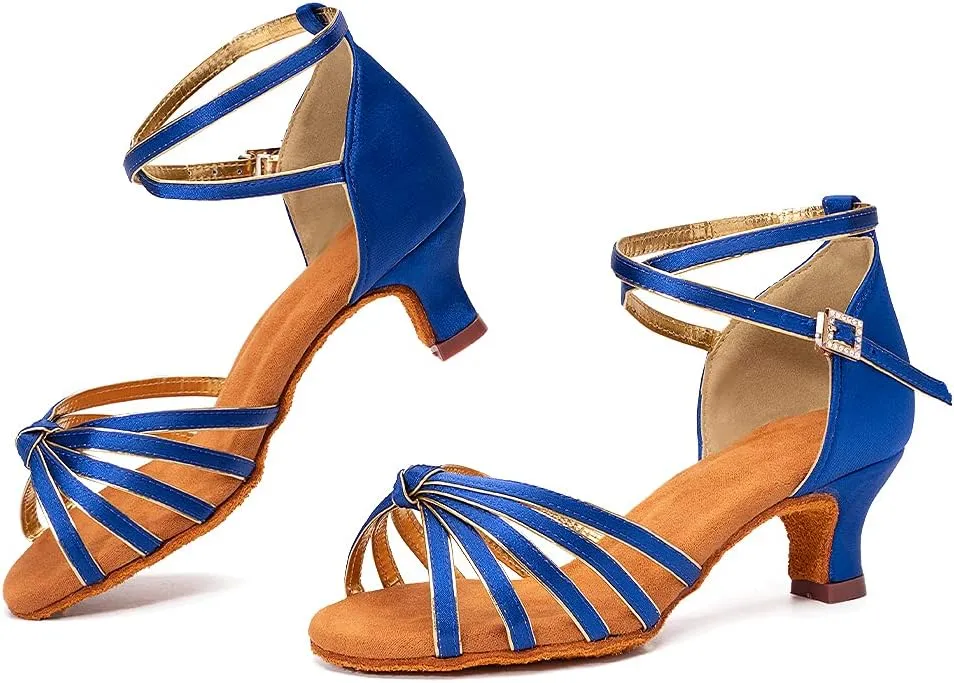 Women Latin Dance Shoes Satin Ballroom Salsa Professional Practice Dancing Shoes, Model EM-217GB-5