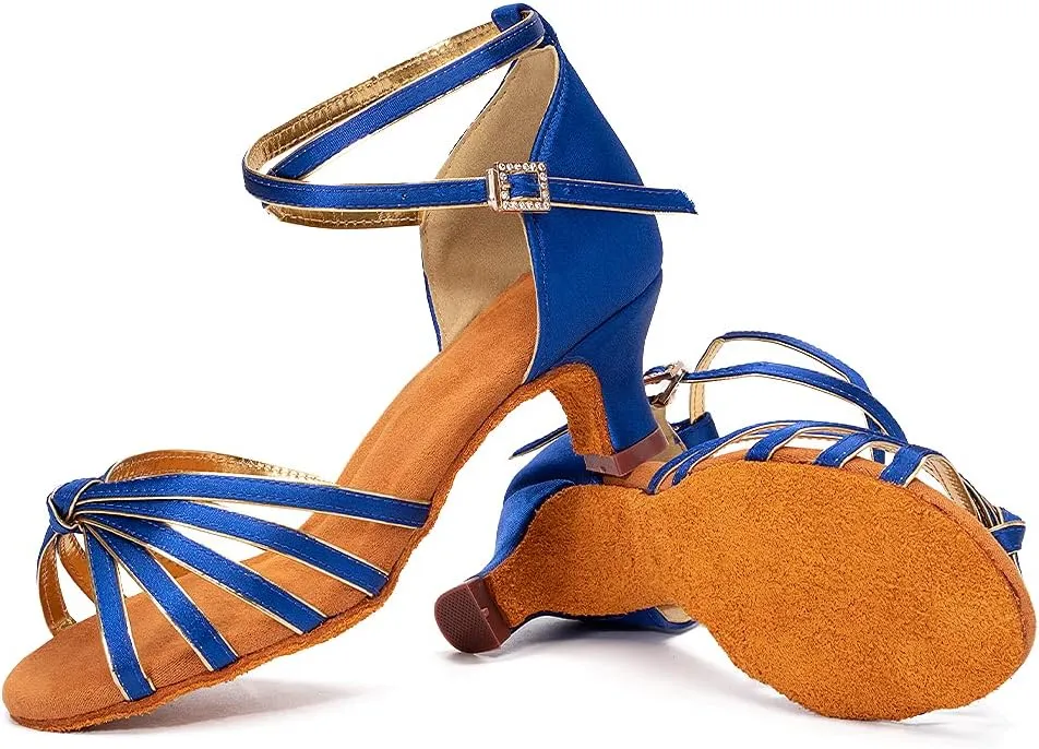 Women Latin Dance Shoes Satin Ballroom Salsa Professional Practice Dancing Shoes, Model EM-217GB-5
