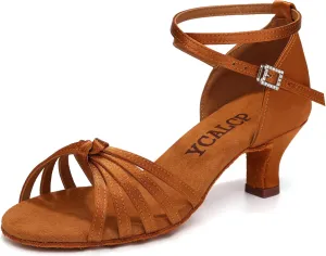 Women Latin Dance Shoes Satin Ballroom Salsa Professional Practice Dancing Shoes, Model EM-217GB-5