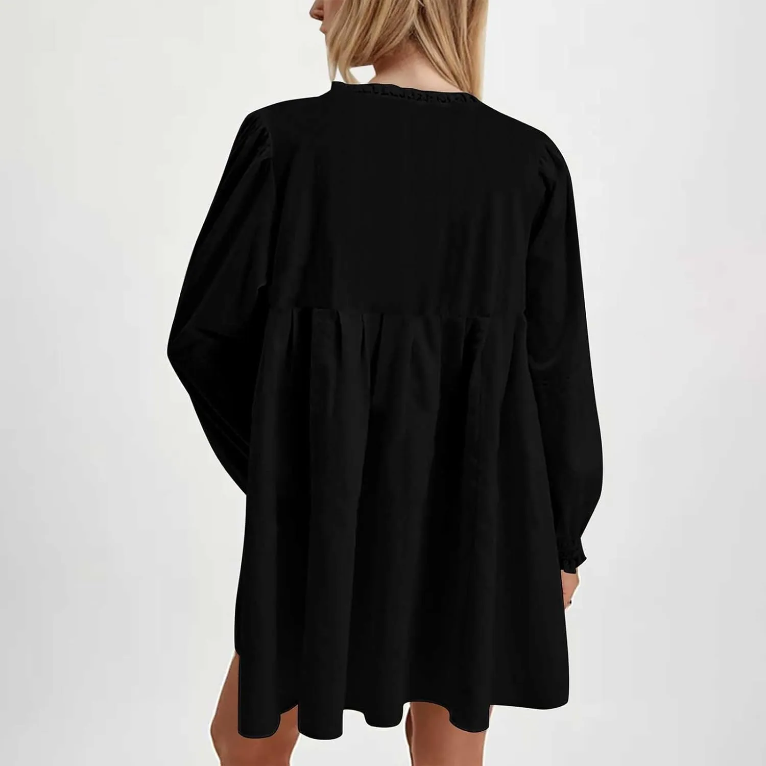 Women Long Puff Sleeve Flowy Mini Dress Cute Bow Tie Front Babydoll Bow Dress Trendy Embroidered A-line for Women