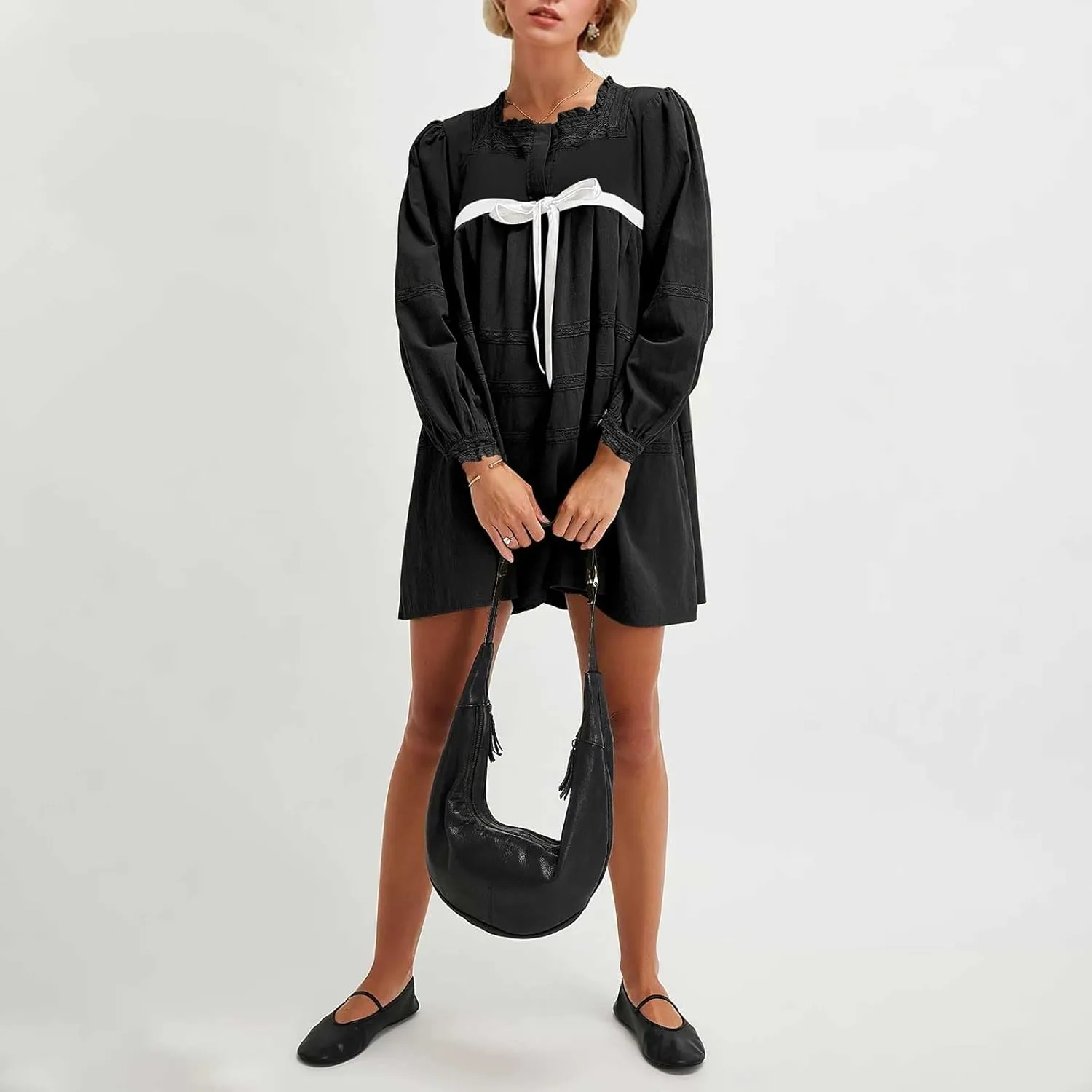 Women Long Puff Sleeve Flowy Mini Dress Cute Bow Tie Front Babydoll Bow Dress Trendy Embroidered A-line for Women