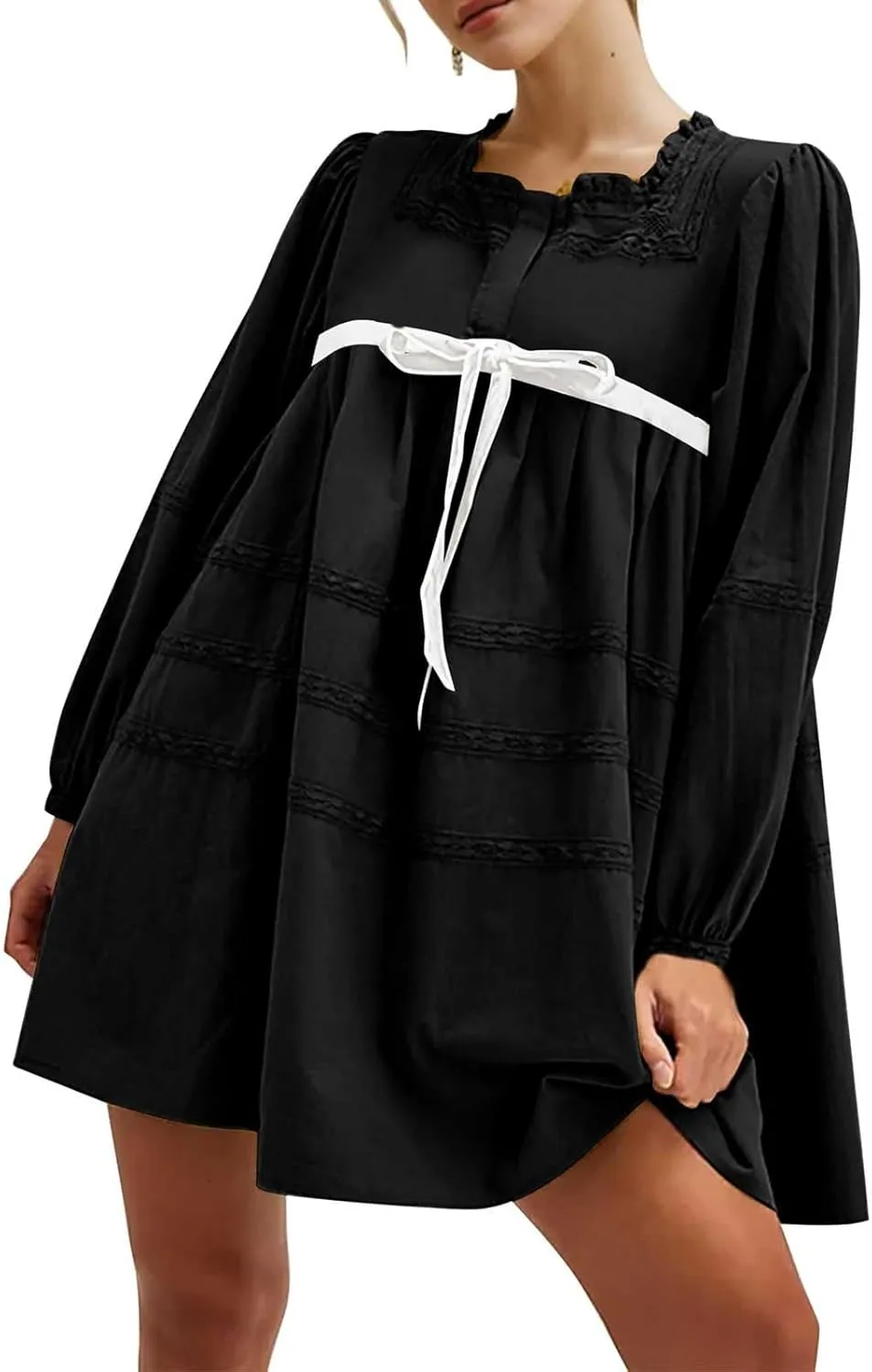 Women Long Puff Sleeve Flowy Mini Dress Cute Bow Tie Front Babydoll Bow Dress Trendy Embroidered A-line for Women