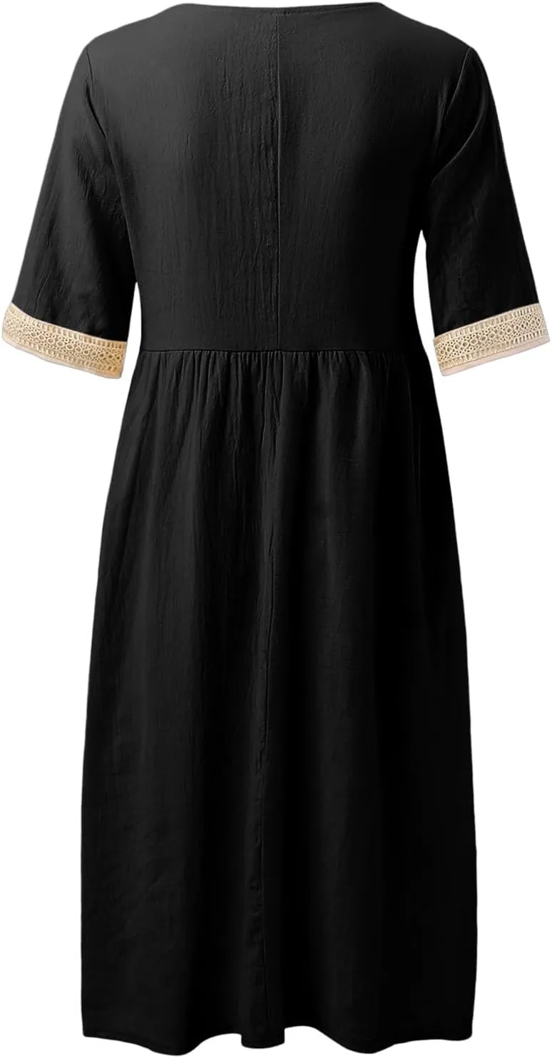 Women Solid Color Midi Dress Lace V Neck Short Sleeve Mid Length Dress Mini Loose Fit